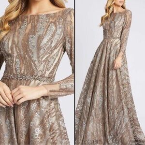 Mac Duggal Elegant Long Sleeve Gown in Gold and Silver